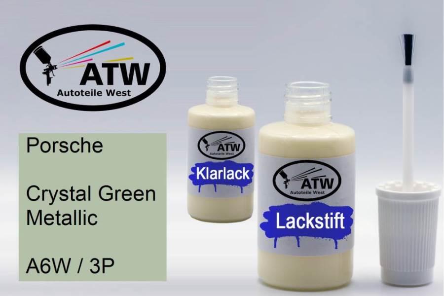 Porsche, Crystal Green Metallic, A6W / 3P: 20ml Lackstift + 20ml Klarlack - Set, von ATW Autoteile West.